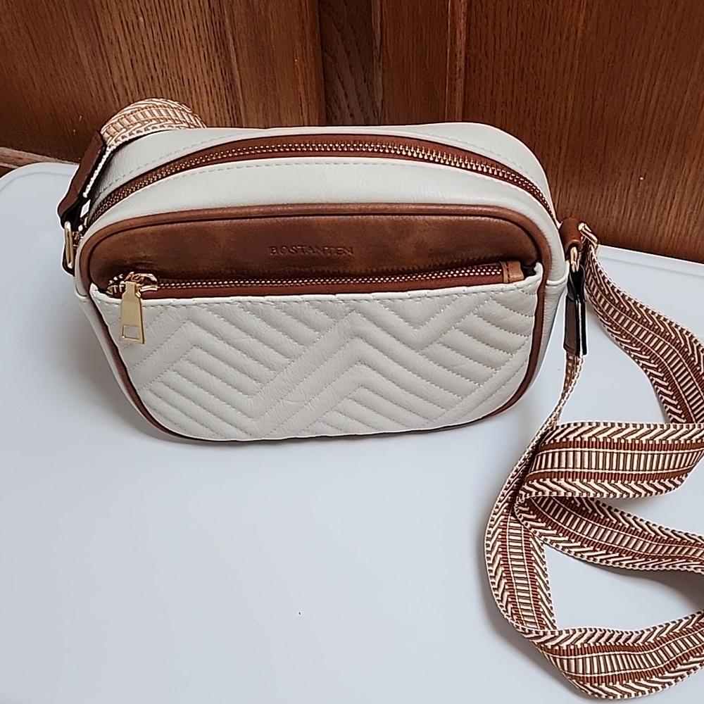 Bostanten Cream and Brown Quilted Crossbody Bag